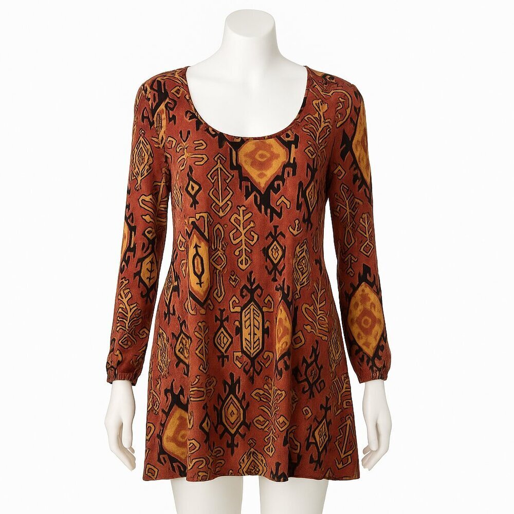 CHASOR Aztec Geo Print Open-Back Tunic Boho Dress – Rust/Mustard/Black – Size M